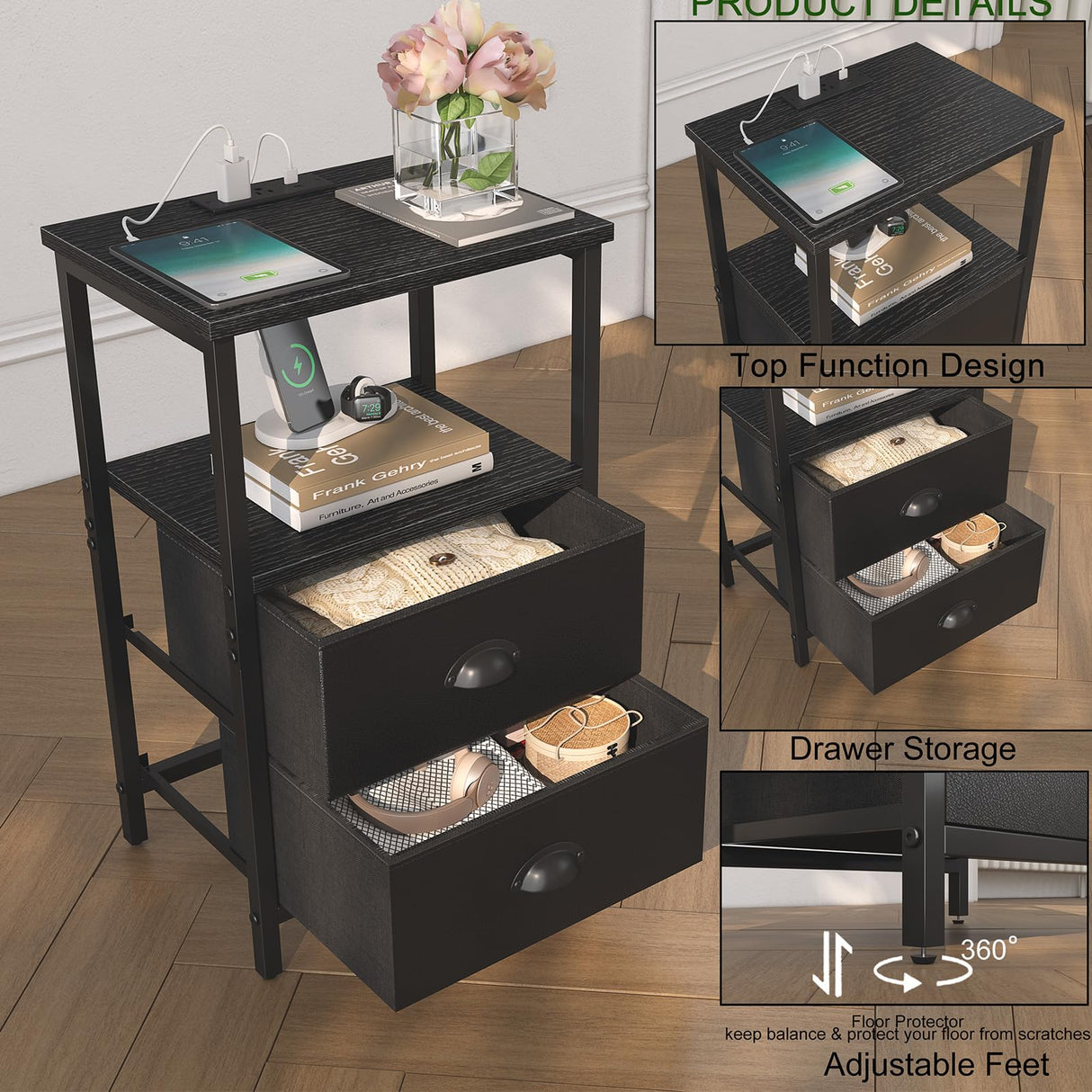 sthmec Nightstand with Charging Station, LED Night Stand Set 2, Bedside Table End Table Set of 2, Bedroom Table with 2 Fabric Drawers PU Finish, 3-Tier Storage Side Table for Bedroom,Black sthmec