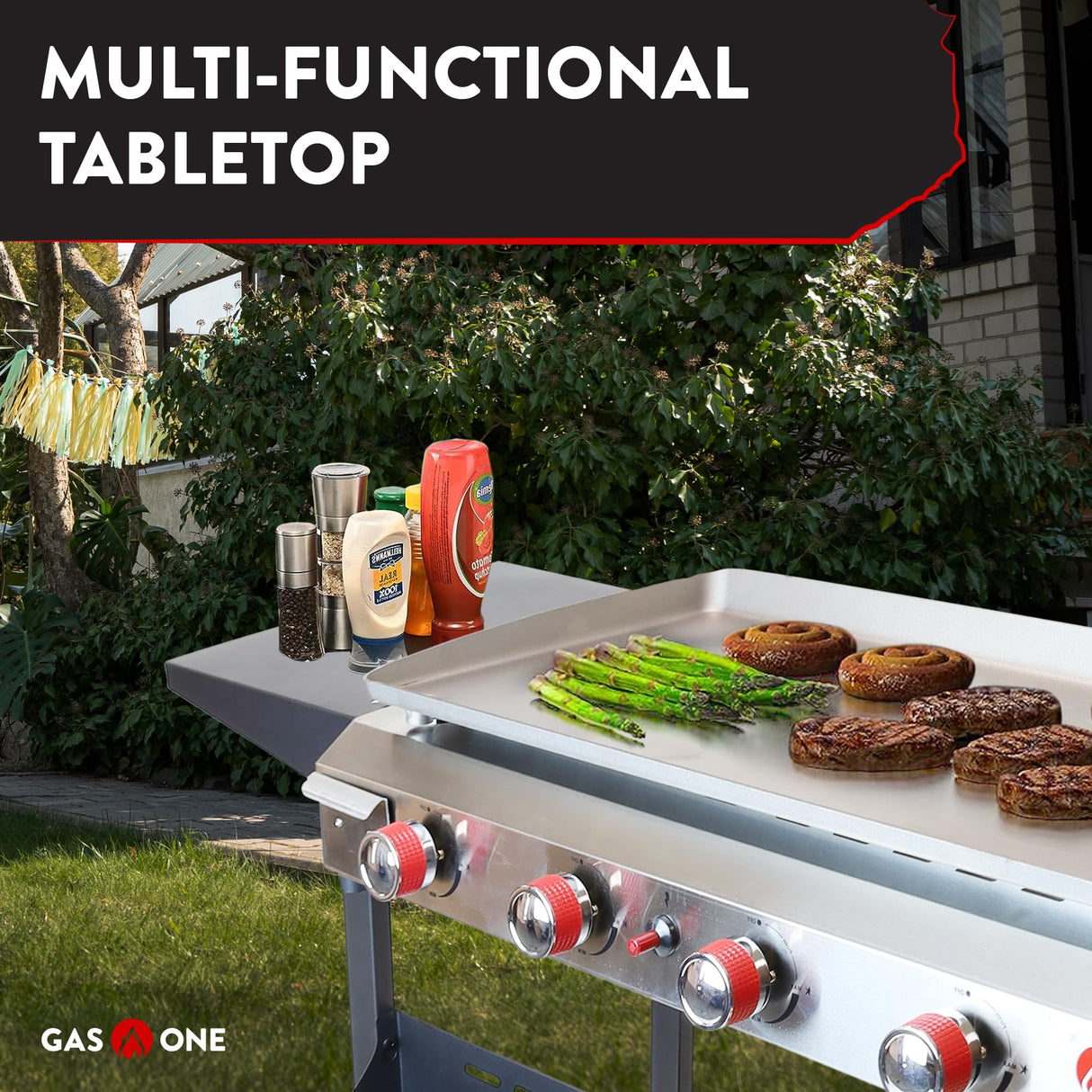 Gas One Flat Top Grill with 4 Burners – Premium Propane Grill with Outdoor Grill Cart – Stainless Steel Auto Ignition Camping Grill Outdoor Griddle – Easy Cleaning Grills Outdoor Cooking Propane Gas One