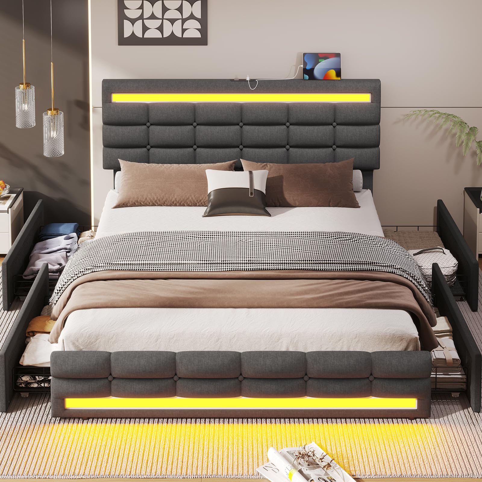 ADORNEVE Dark Grey LED Upholstered Platform Bed Frame with USB Ports and Storage Drawers - WoodArtSupply