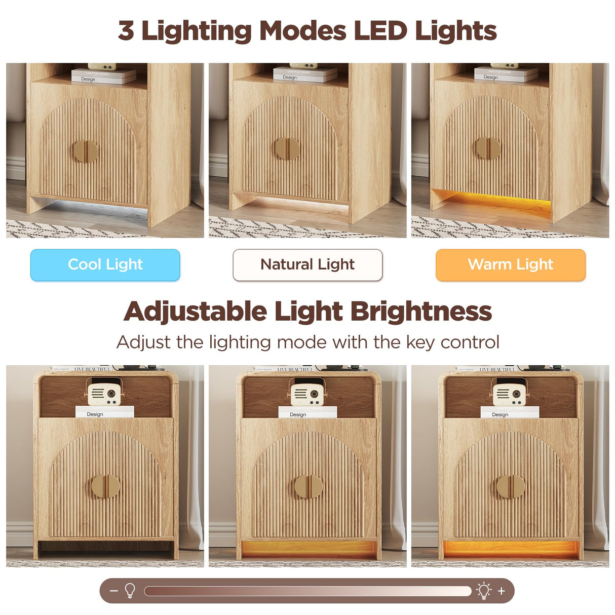 Nightstand with Charging Station and LED Lights, Night Stands with Adjustable Storage Cabinet, Modern Side Table with Fluted Doors and Open Storage, Bedside Table for Bedroom, Natural Vabches