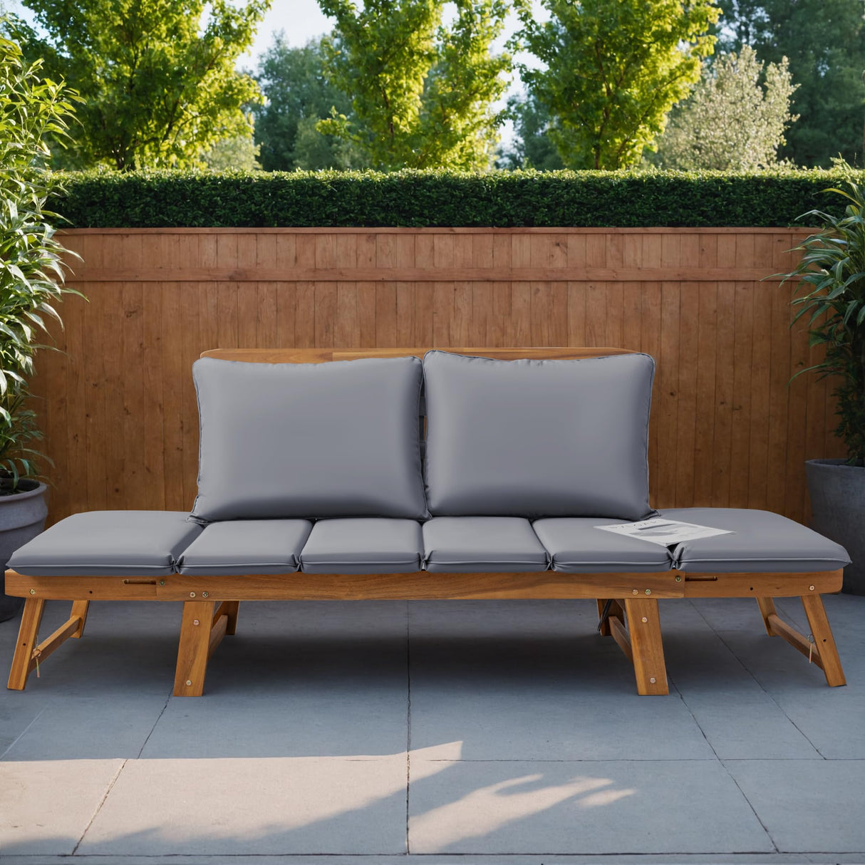 Greesum Patio Convertible Couch Sofa Bed with Adjustable Armrest, Acacia Wood Outdoor Daybed with Cushion & Pillow, Folding Chaise Lounge Bench for Porch Courtyard Poolside，Gray Greesum