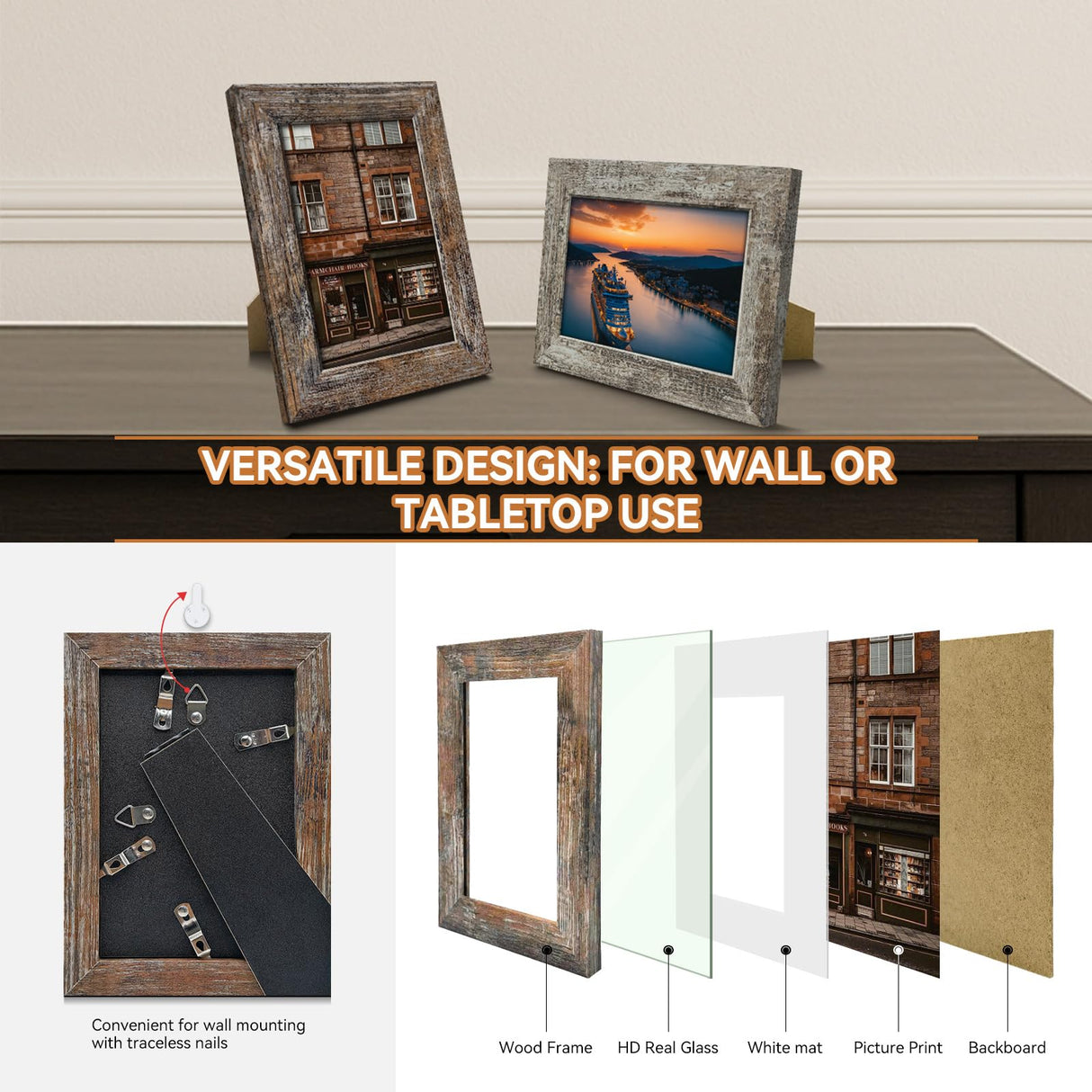 Bagous 5x7 Picture Frames Set of 8, Vintage Rustic Farmhouse Industrial Style Photo Frames, High Definition Real Glass, for Tabletop or Wall Hanging Bagous