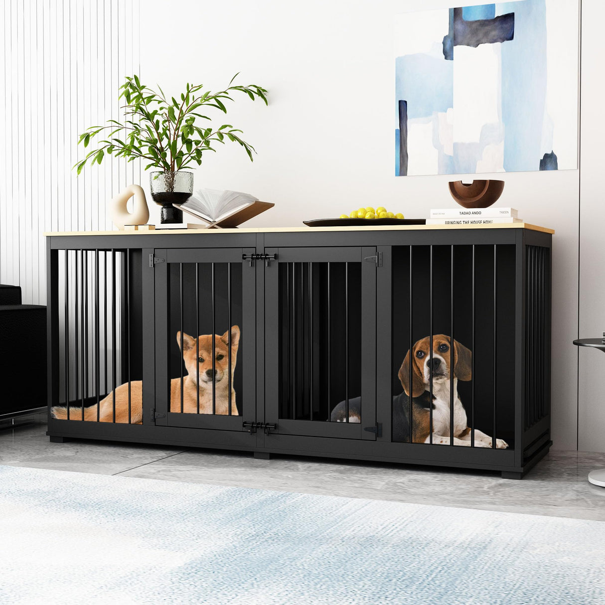 DAWNSPACES Dog Crate Furniture 71" Heavy Duty Wooden Large Dog Kennel with Removable Divider & 2 Trays, Indoor Furniture Style Dog Crate House with Double Rooms for Large Medium Small Dogs, Black DAWNSPACES