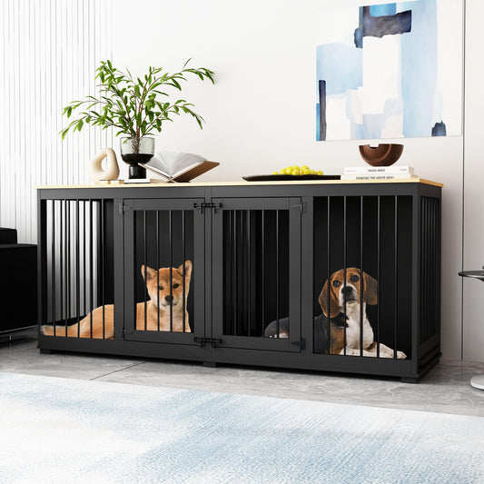 DAWNSPACES Dog Crate Furniture 71" Heavy Duty Wooden Large Dog Kennel with Removable Divider & 2 Trays, Indoor Furniture Style Dog Crate House with Double Rooms for Large Medium Small Dogs, Black