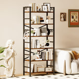 6 Tier Bookshelf, Industrial Bookcase with 8 Hooks, Vintage Storage Rack with Open Shelves, Rustic Standing Bookshelves Metal Frame Display Rack for Living Room, Bedroom, Rustic Brown Homeiju
