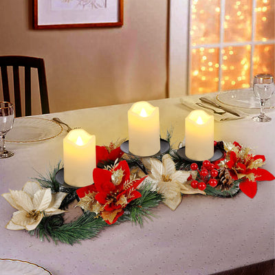 FORUP Christmas Centerpiece, Christmas Candle Holders, Christmas Tabletop Poinsettia Centerpiece with 3 Flameless Candle, Romantic Holiday Candelabrum for Home Party Christmas Table Mantel Decorations
