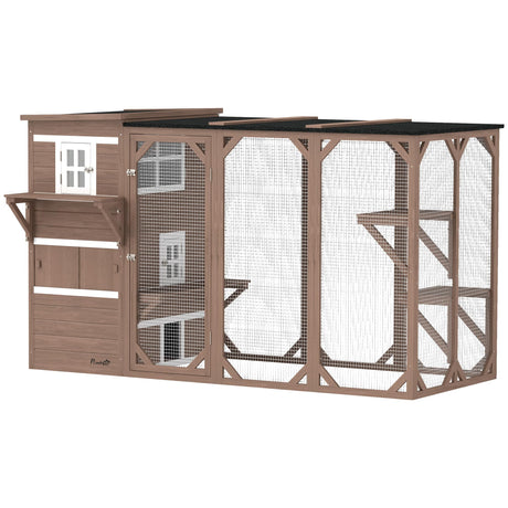 PawHut Outdoor Cat Catio, Large Wood Cat House Enclosure with Multi-Level Design, Weatherproof Roof, Big Hiding Areas, Multiple Platforms, Resting Box, Brown PawHut