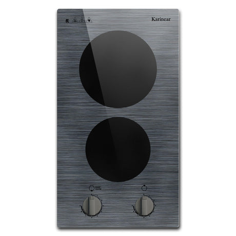 Karinear 2 Burners Electric Cooktop, 110v Electric Stove Top Knob Control, Built-in Countertop Electric Ceramic Cooktop with Beautiful Woodgrain Pattern Glass Surface, 110v Outlet Plug Karinear