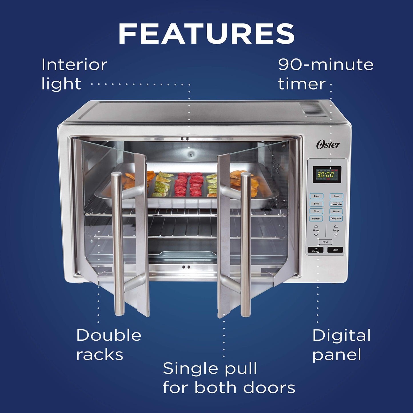 Oster Convection Oven, 8-in-1 Countertop Toaster Oven, XL Fits 2 16" Pizzas, Stainless Steel French Door