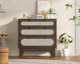 IDEALHOUSE 3 Drawer Wood Dresser for Bedroom, Rattan Nightstand Bedside Table for Living Room, Entryway, 31.5" L*15.7”W*31.2”H, Dark Brown IDEALHOUSE