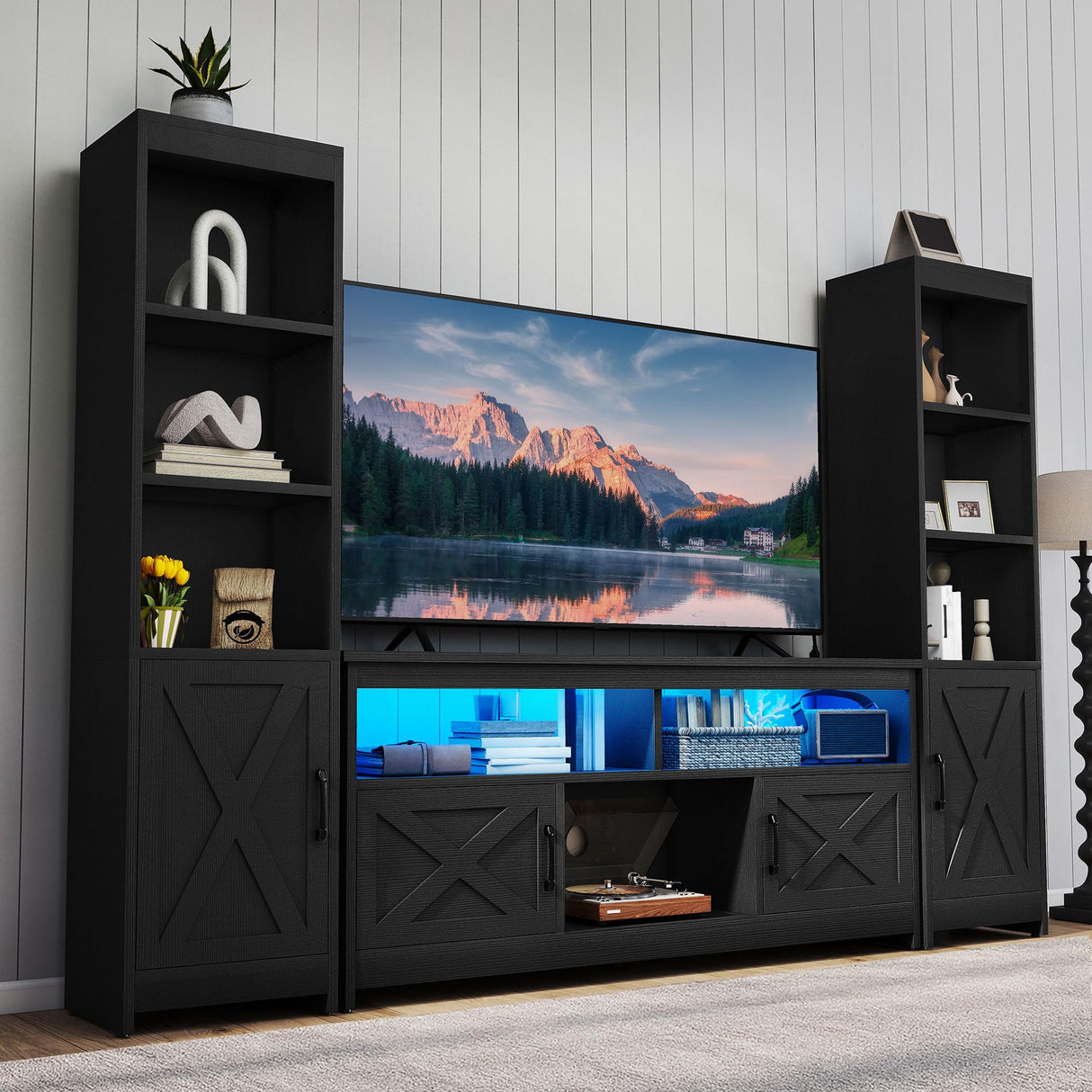YITAHOME Farmhouse TV Stand for 65inch TV, Entertainment Center with Storage, Adjustable LED Lights & Power Hub, TV Cabinet with Bookshelves for Living Room/Apartment, Black YITAHOME
