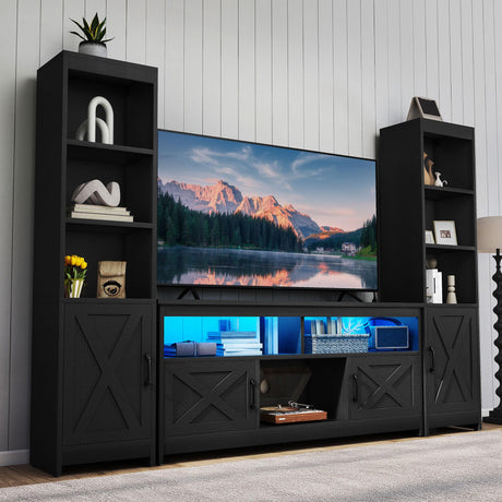 YITAHOME Farmhouse TV Stand for 65inch TV, Entertainment Center with Storage, Adjustable LED Lights & Power Hub, TV Cabinet with Bookshelves for Living Room/Apartment, Black YITAHOME