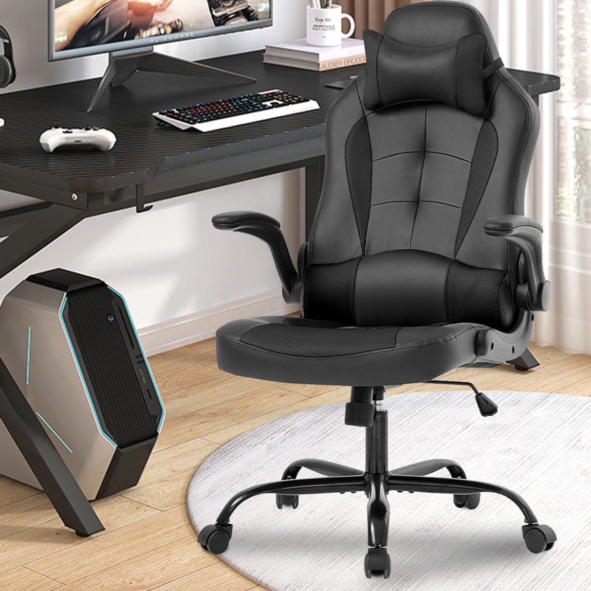 PayLessHere Gaming Chair Desk Chair Gamer Chair Ergonomic Office Chair With Lumbar Support Padded Up Arms Adjustable Headrest Pu Leather High Back Office Chair Gamer Chair For Adults Women Men (Black) PayLessHere