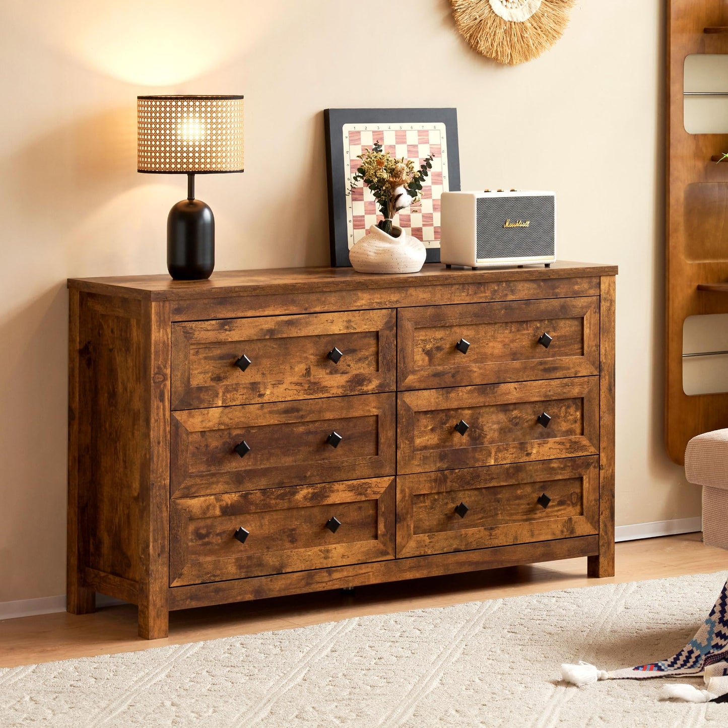 VanAcc 6 Drawers Dresser for Bedroom, Farmhouse Wood Chest of Drawers with Vintage Grain Texture, Drawer Double Dresser for Bedroom, Living Room, Hallway, Rustic Brown - WoodArtSupply