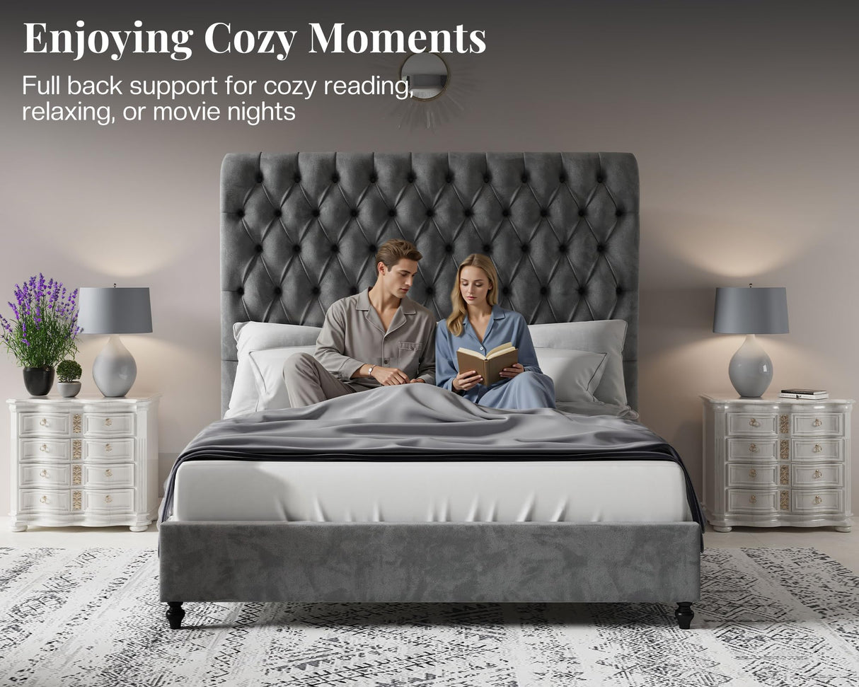 Jocisland King Size Platform Bed Frame with 60" Tall Sleigh Headboard, Luxury Velvet Upholstered Bed, Handcrafted Deep Button Tufted, Solid Wood Legs, Noise-Reducing, No Box Spring Needed,Light Gray Jocisland