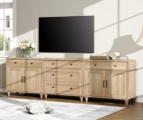 WAMPAT Farmhouse TV Stand for 100 Inch TV, 3-in-1 TV Console Table with 5 Drawers and 4 Doors, Entertainment Center for 75/80/85/90 Inch TV, Kitchen Sideboard Buffet Cabinet for Dining Room, Oak WAMPAT