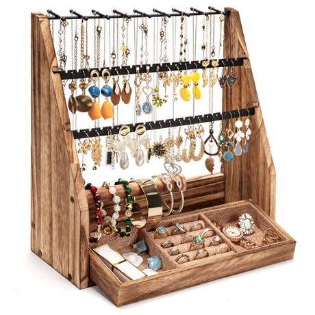 DGWJSU Jewelry Organizer Stand, 5 Layer Earring Holder Organizer with Necklace Holder, Rustic Wood Earring Organizer Display for Stud Earring Bracelet Necklace Ring, Watches DGWJSU