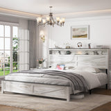 madeslves Farmhouse Wooden Bed Frame King Size with Storage Headboard, Boho Platform Bedframe with LED Lights and Charging Station, Metal Slats Support, No Box Spring Needed, White madeslves