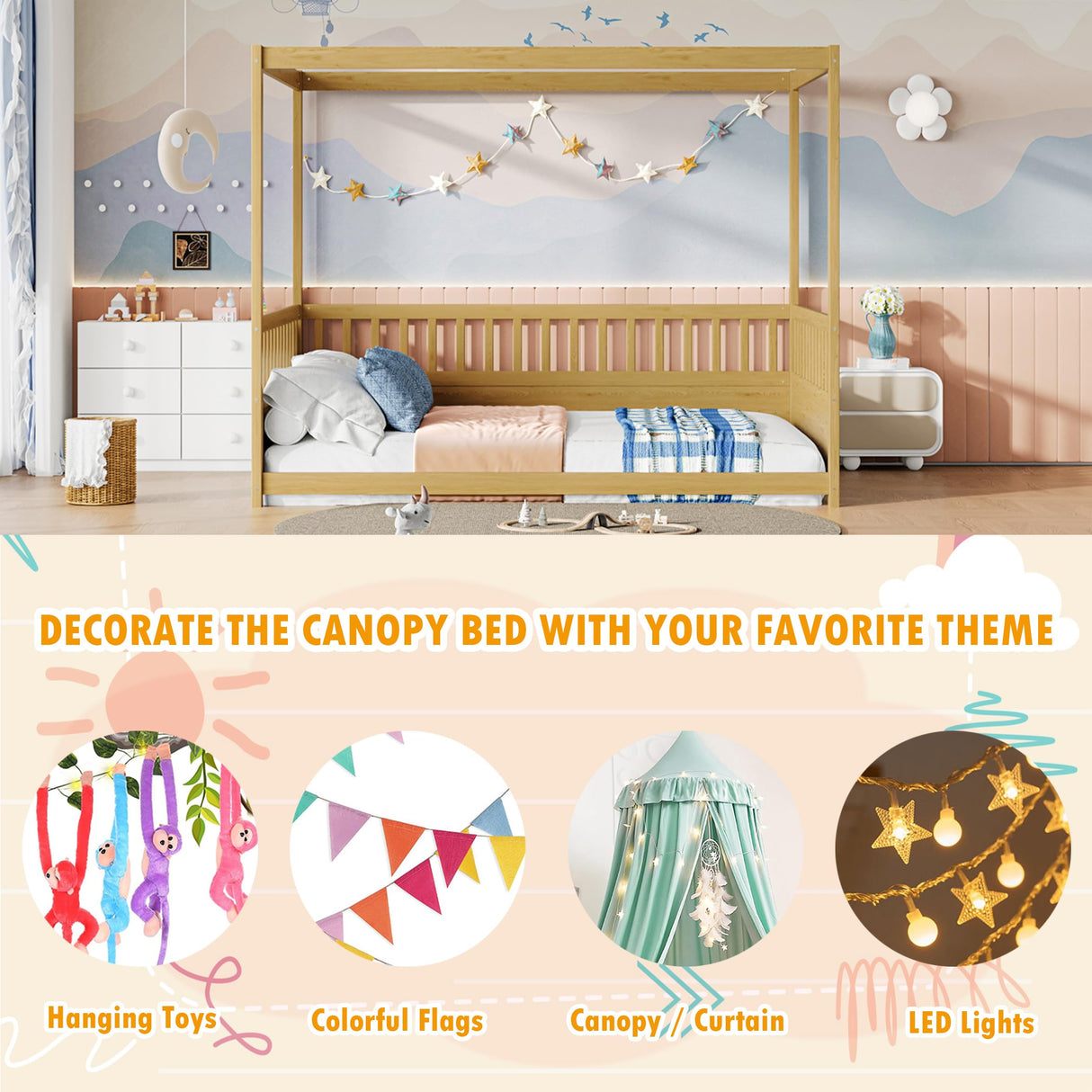 Full Size Canopy Bed Frame with 4 Posters and Guardrails, Full Size Montessori Floor Bed with High Fence, Natural Bellemave