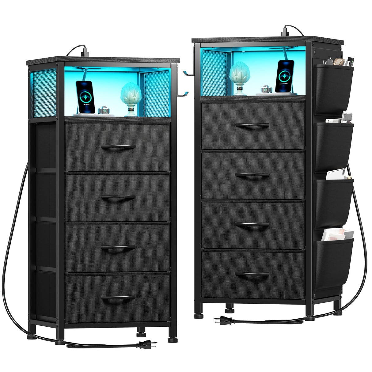EnHomee Black Nightstand Set of 2,Night Stand with Charging Station & LED, Bedside Table with Fabric Drawers and Storage Shelf, Sturdy Steel Frame, Wood Top,Cloth Bags,Hooks EnHomee