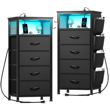 EnHomee Black Nightstand Set of 2,Night Stand with Charging Station & LED, Bedside Table with Fabric Drawers and Storage Shelf, Sturdy Steel Frame, Wood Top,Cloth Bags,Hooks EnHomee