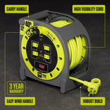 Masterplug 40ft Case Cord Reel, Retractable Extension Lead with Winding Handle, Safety Overload Circuit Breaker and Power Switch, 4x Grounded Outlets, 13amps, 14AWG Cable Masterplug