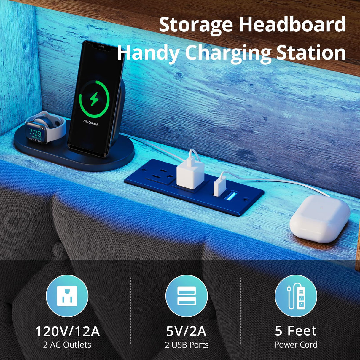 BTHFST Dark Grey Floating Bed Frame with LED Lights and Storage Headboard, Queen Size, No Box Spring Required BTHFST