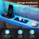 BTHFST Dark Grey Floating Bed Frame with LED Lights and Storage Headboard, Queen Size, No Box Spring Required BTHFST