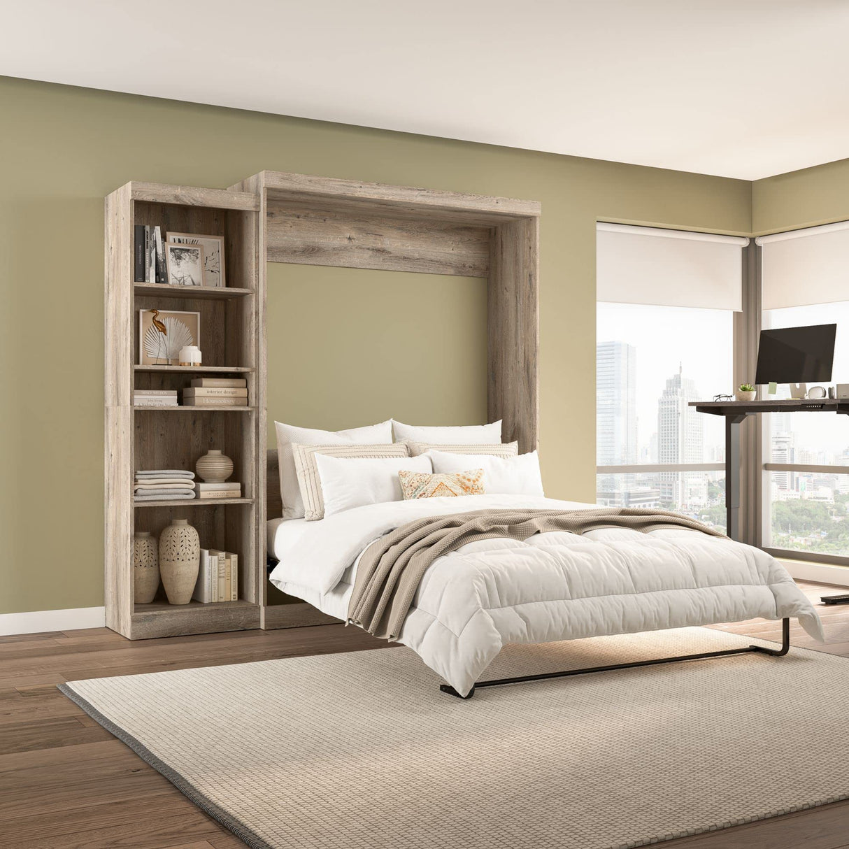 Bestar Pur Queen Murphy Bed with Shelving Unit, 90-inch Space-Saving Sleeping Arrangement for Multipurpose Room in Rustic Brown Bestar