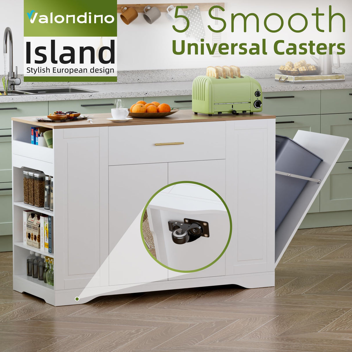 VALONDINO 46.5" Modern Kitchen Island with Trash Can Storage Cabinet, Rolling Kitchen Island Cart on Wheels with Open Side Shelves & Drawers, Storage Cabinet with Inner Adjustable Shelves, White-1 VALONDINO