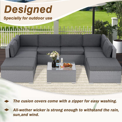 Betterland 9 Piece Outdoor Sectional Sofa Patio Furniture Set, All-Weather PE Grey Wicker Patio Conversation Set with Washable Cushion and Glass Table(Grey Cushions)