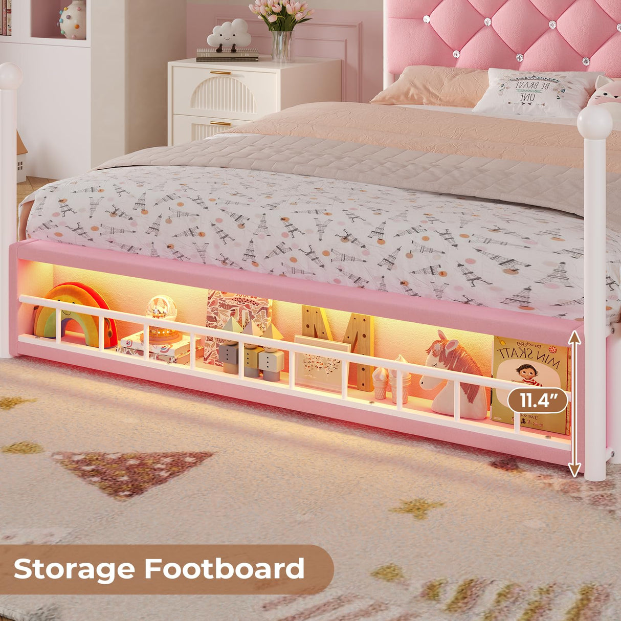 ADORNEVE Full Canopy Bed Frame with LED Lights and Charging Station, Velvet Upholstered Platform Bed for Girls,Headboard with Charging Station & Guardrail & Crystal Button,Pink ADORNEVE