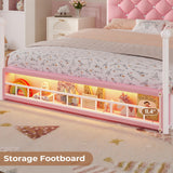 ADORNEVE Queen Canopy Bed Frame with LED Lights and Charging Station, Velvet Upholstered Platform Bed for Girls,Headboard with Charging Station & Guardrail & Crystal Button,Pink ADORNEVE