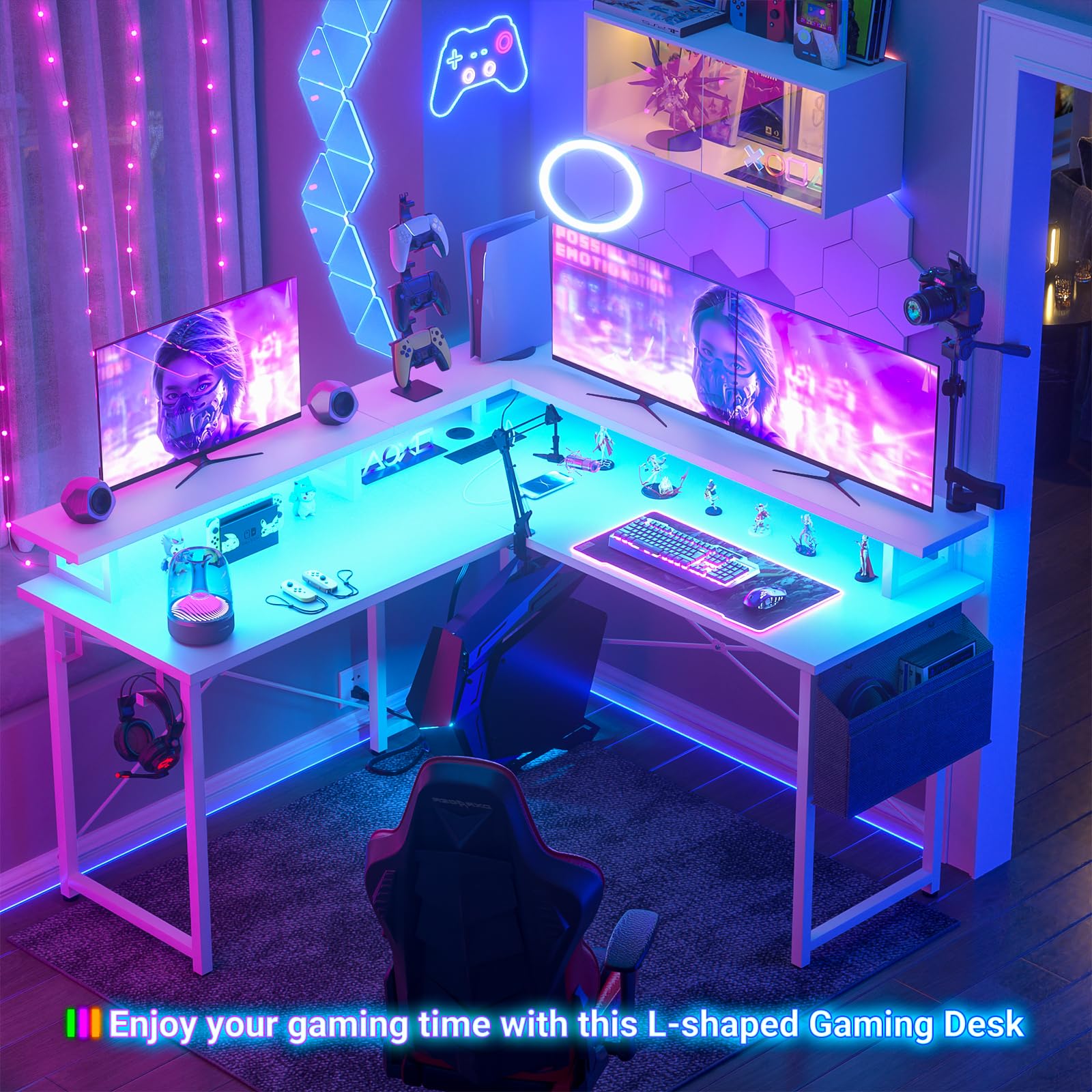 armocity L Shaped Computer Desk with Power Outlets, Gaming Desk L Shaped with LED Lights, Corner Desk with Storage Shelves, Work Study Desk for Bedroom, Home Office Small Spaces, 47'', White - WoodArtSupply