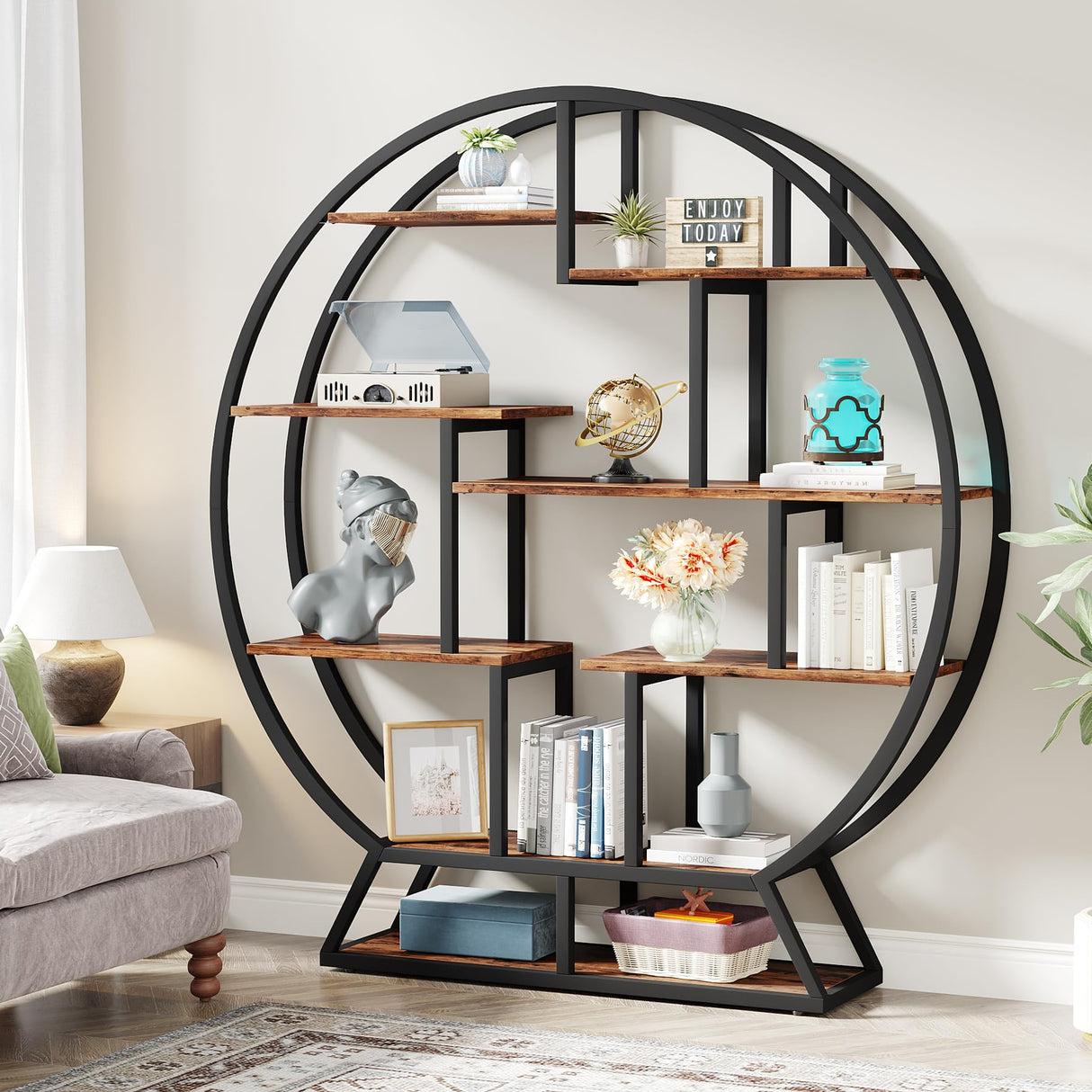 Tribesigns 63 Inch Rustic Brown Industrial Round Etagere Bookshelf with Staggered Shelves Tribesigns