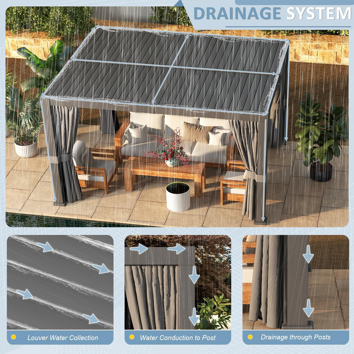 Aoxun Louvered Pergola 10 x 12ft Outdoor Aluminum Pergola with Adjustable Roof for Gardens, Decks and Backyards, Gray Aoxun