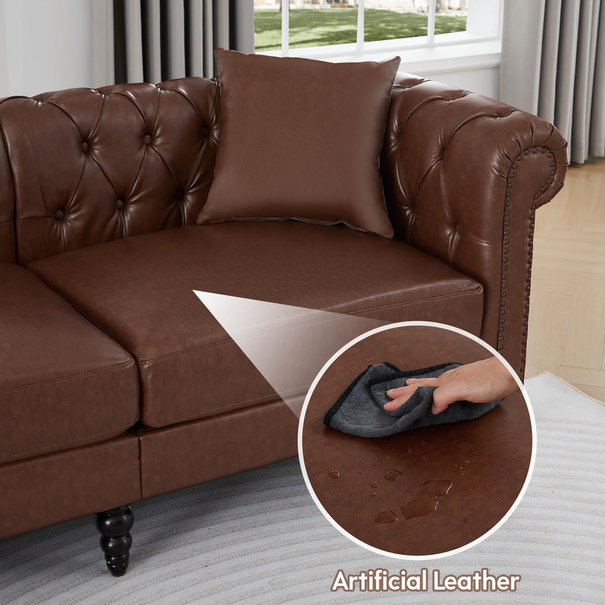 U Shaped Chesterfield Sofa, Oversized Sectional Faux Leather Couch, Chaise Ottoman Sofa Upholstered Accent Tufted Couch with Rolled Armrest and Nailhead for Living Room, Office - Brown ORRD