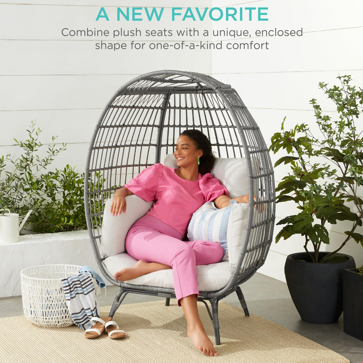 Best Choice Products Wicker Egg Chair, Oversized Indoor Outdoor Lounger for Patio, Backyard, Living Room w/ 4 Cushions, Steel Frame, 440lb Capacity - Gray/White Sand Best Choice Products