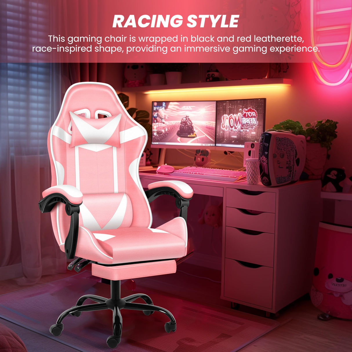 YSSOA Gaming Chair, Computer Chair with Footrest, Height Adjustable & 90°-135° Tilt Function, Swivel Recliner Ergonomic Racing Style Video Game Chair with Lumbar Support (Pink/White) YSSOA
