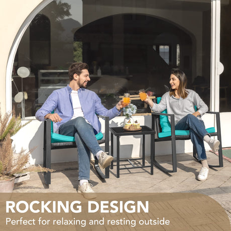 Devoko 3 Piece Rocking Bistro Set Wicker Patio Outdoor Furniture Porch Chairs Conversation Sets with Glass Coffee Table (Blue) Devoko