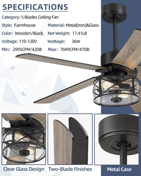 YOUKAIN Farmhouse Ceiling Fans, 48 Inch Industrial Ceiling Fan with Light and Remote Control, Clear Glass, 5-Reversible Blades with Matte Black/Wooden Finish, 52-YJ632 YOUKAIN