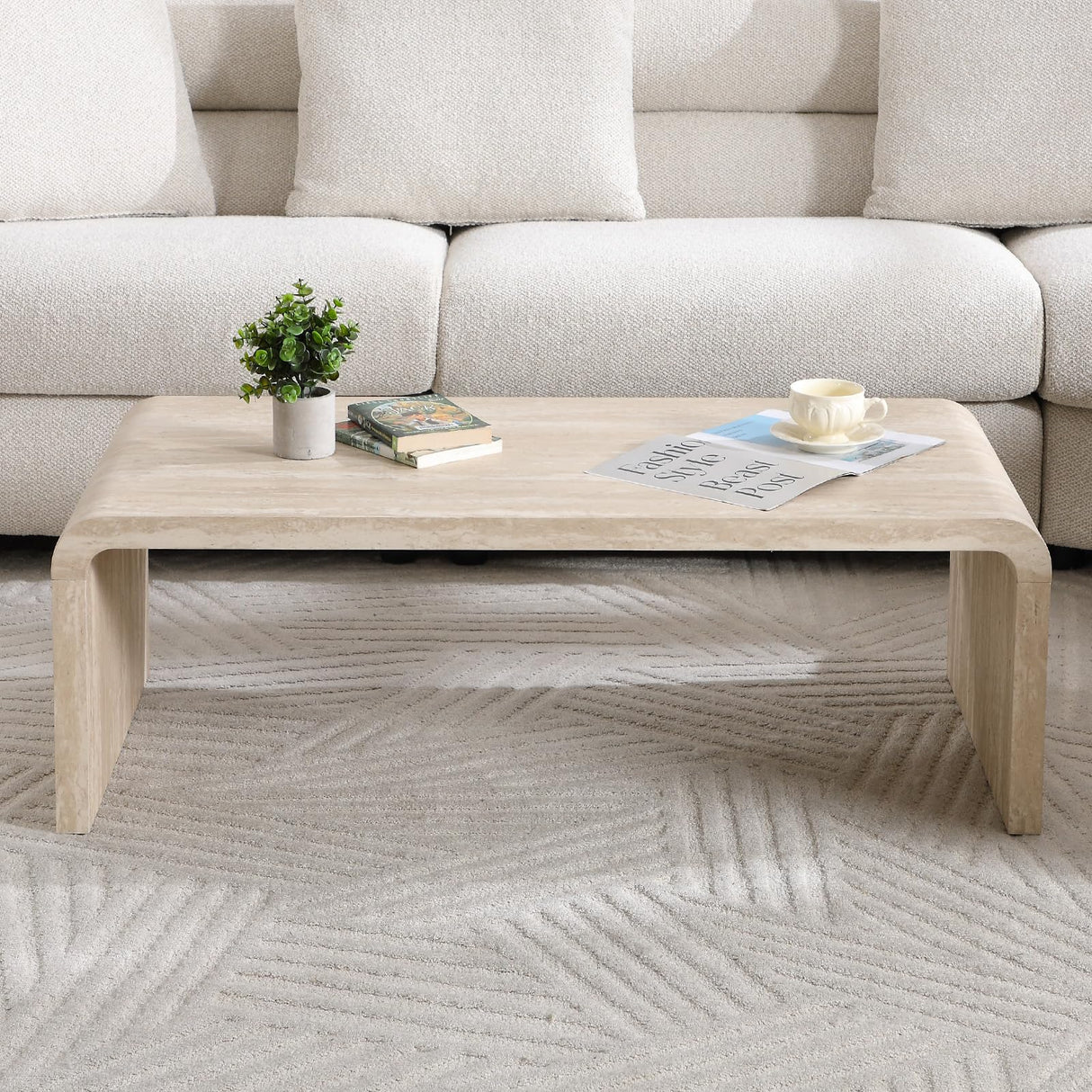 Hyfirm Modern Boho Faux Marble Coffee Table, 47" Travertine Pattern Waterfall Rectangular Center Table in a Scandinavian Style for Living Room with Sturdy Wood Frame, Thick Legs & Easy Assembly Hyfirm