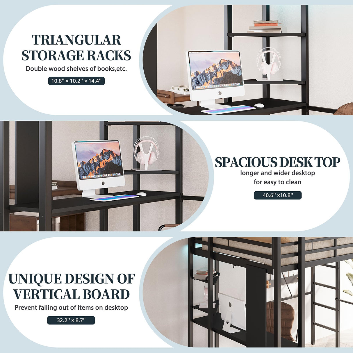 SUNLEI Loft Bed Twin Size with Desk and Safety Guard Rail, Twin Size Metal Bed Frame with Double Layer Shelves for Storage, No Box Spring 2 Security Ladders, Midnight Black SUNLEI