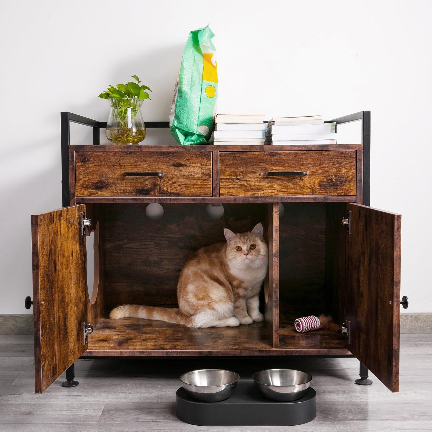 TC-HOMENY Cat Litter Box Enclosure Cabinet Storage Wooden Hidden Cat Washroom Furniture with 2 Doors, Drawers