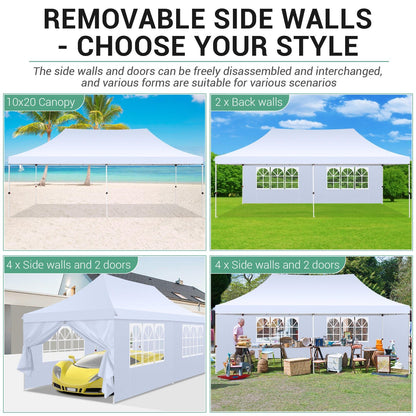 COBIZI 10x20 Pop Up Canopy Tent with Sidewalls, Commercial Ez Up Canopy, 3 Adjustable Heights, Waterproof and UV Protection 50+, Outdoor Gazebo Pop up Tent for Parties & Patio with 4 Sandbags