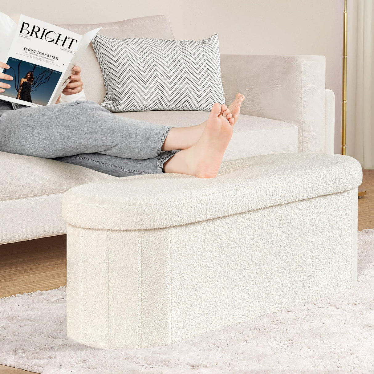 PINPLUS Storage Ottoman Bench Tufted Oval Ottomans Bench Foot Rest, Toy Chest Box Velvet Bench with Storage, 43"x15"x15" (White) PINPLUS