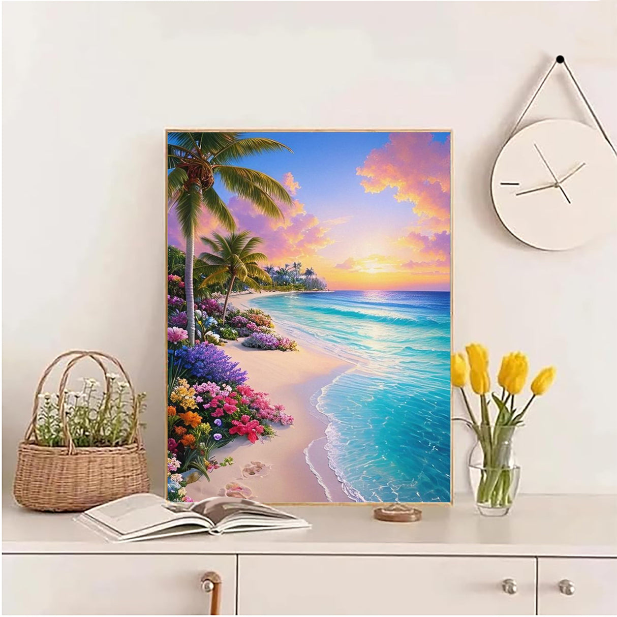 eniref Diamond Art Kits for Adults,Beach Sunset DIY 5D Round Full Drill Diamond Painting Gem Art Kits for Crafts Gift and Home Wall Decor,Flowers Coconut Trees Sea Diamond Dots Kit 12x16 Inch eniref