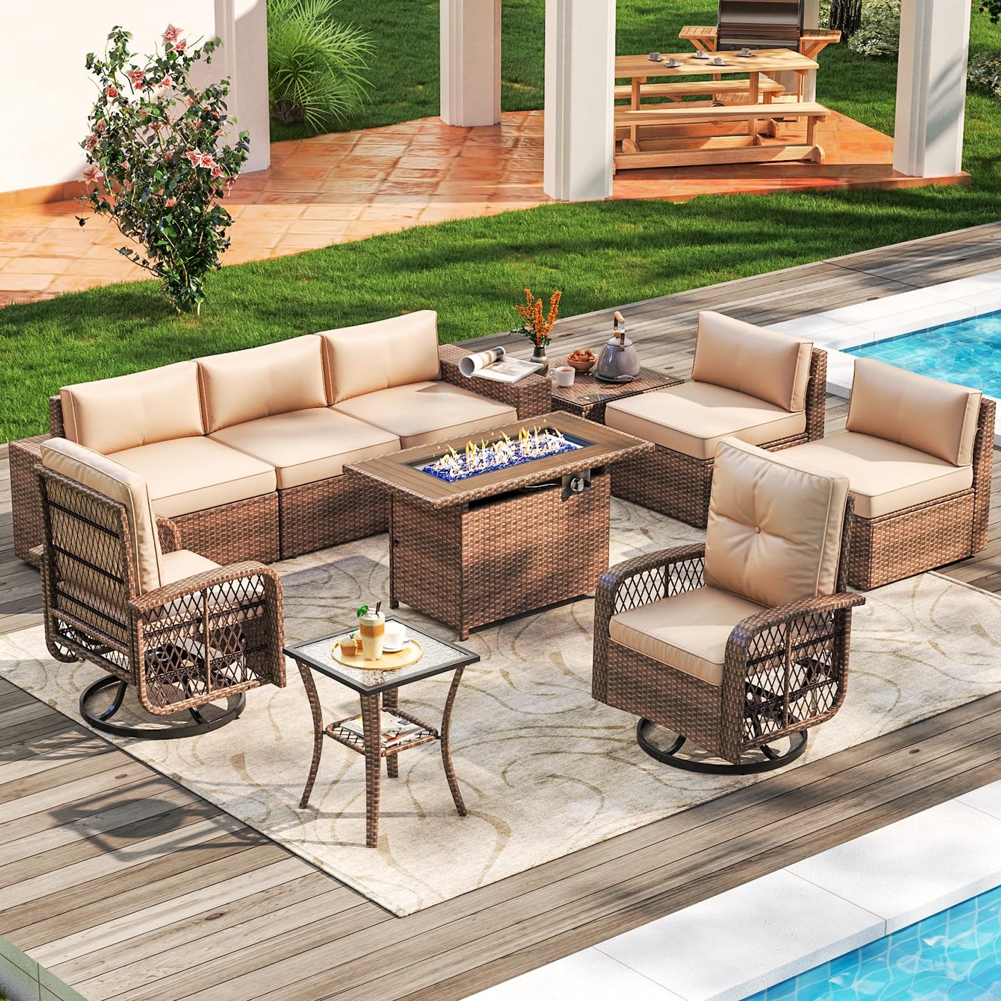 Aoxun 10 Pieces Patio Furniture Set Wicker Rattan Outdoor Furniture with Fire Pit Table Patio Sectional Sofa with Swivel Rocking Chairs for Deck, Backyard and Garden (Beige)