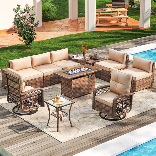 Aoxun 10 Pieces Patio Furniture Set Wicker Rattan Outdoor Furniture with Fire Pit Table Patio Sectional Sofa with Swivel Rocking Chairs for Deck, Backyard and Garden (Beige) - WoodArtSupply