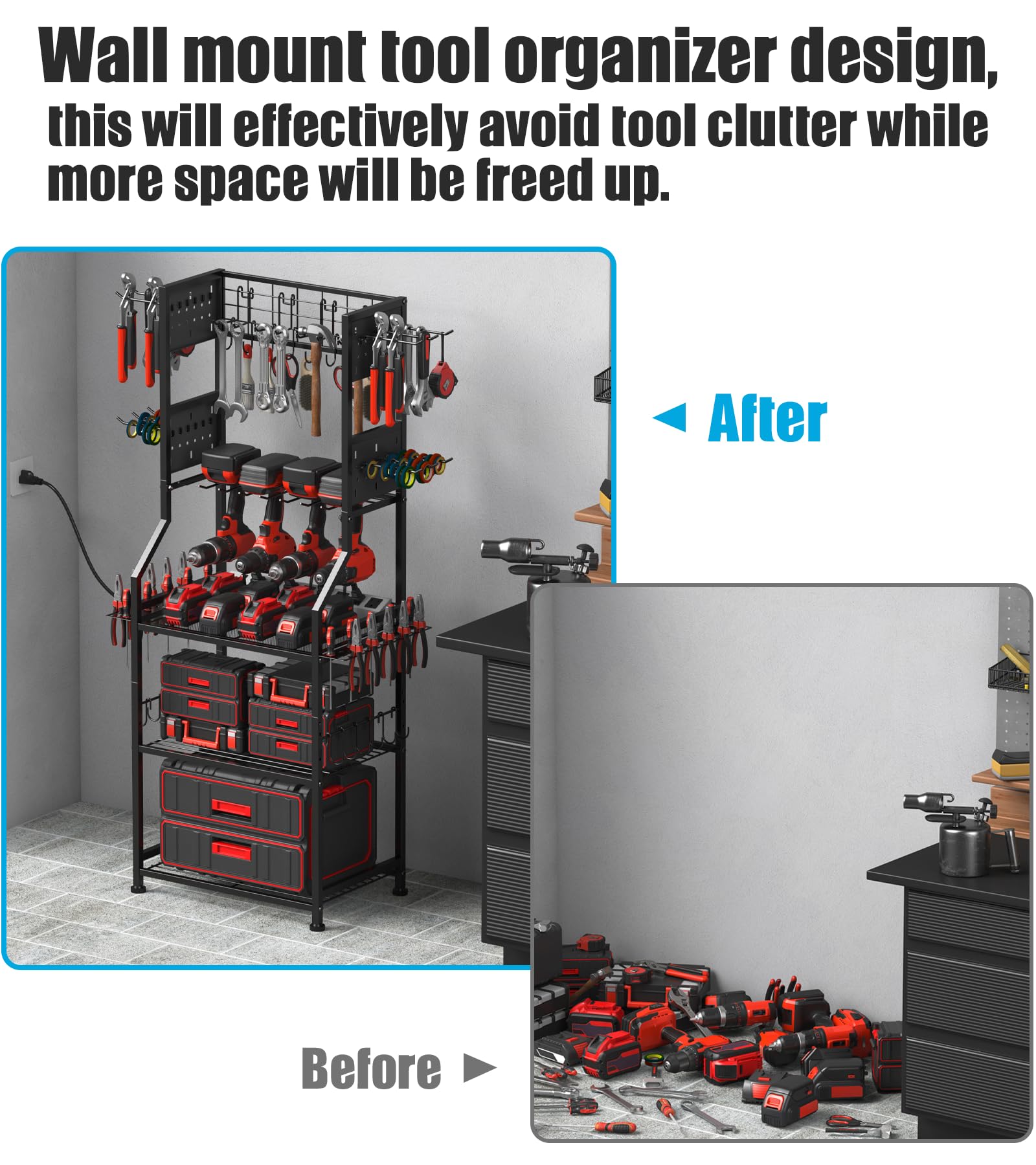 CCCEI Garage Small Power Tools Organizer Floor Stand, Drill and Battery Storage Rack with Charging Station, All Metal Tool Shelf with Pegboard and Hooks, Gift for Men. - WoodArtSupply